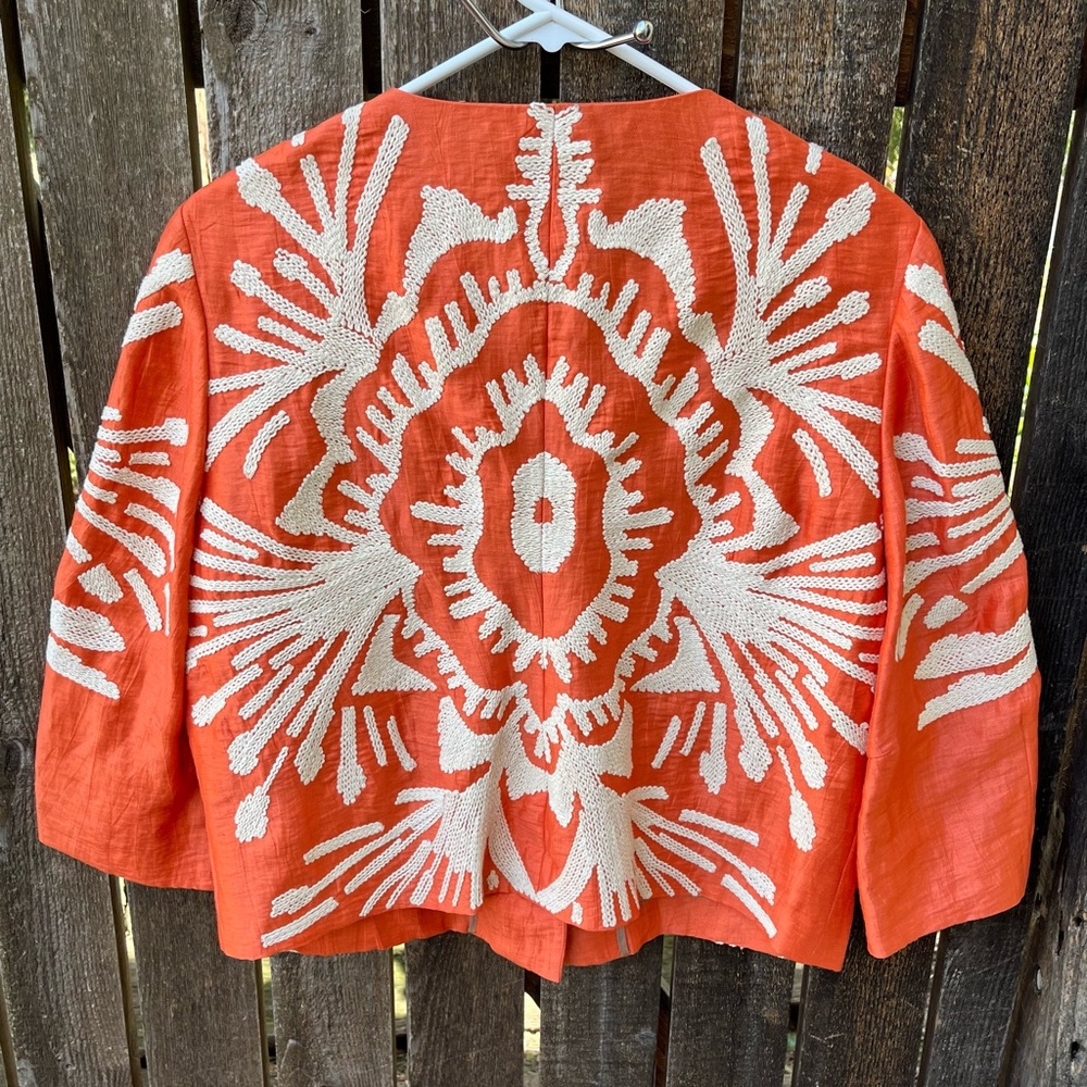 Per Se Linen Silk Embroidery Large Snap Jacket In Orange & Cream Sz 10 - Picture 2 of 16